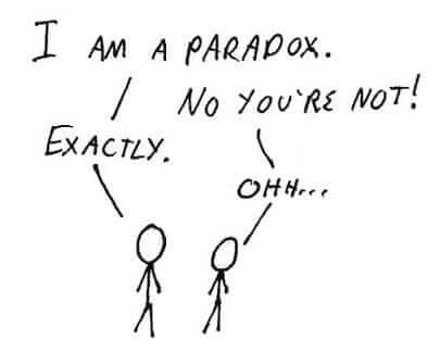 Cartoon of two stick figures discussing a paradox