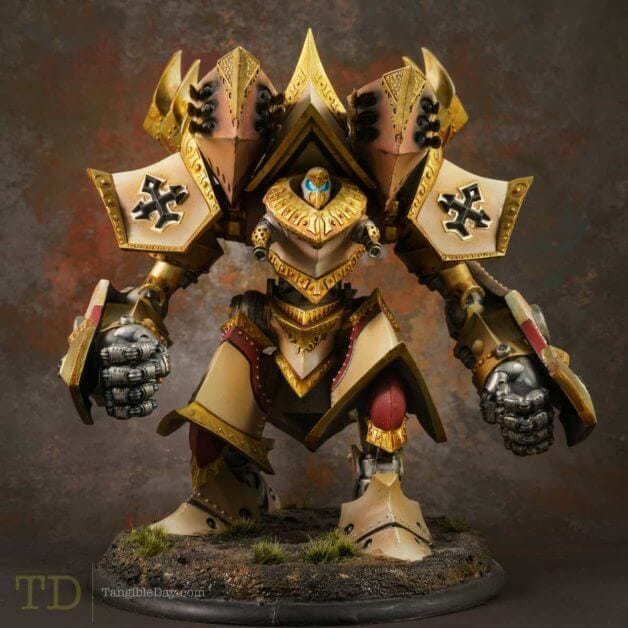 Three creative ways to use varnishes on painted miniatures - miniature painting varnish use - fun ways to use clear coat varnishes on miniatures and models - Menoth colossal model painted with gloss and matte clear coat