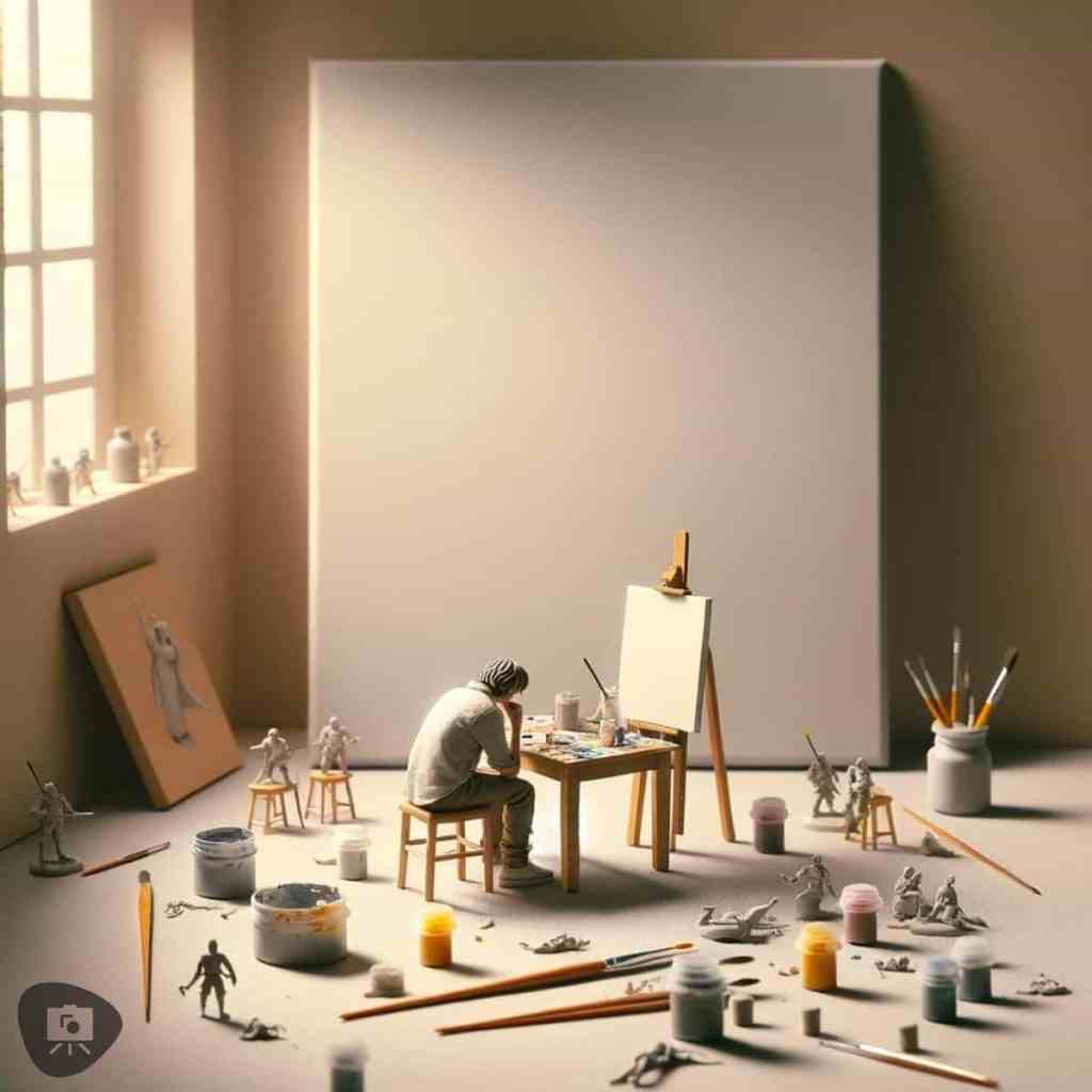 How to overcome mental creativity block - productivity hacks for artists - a miniature artist in miniature surrounded by abstract strewn paints and scale models