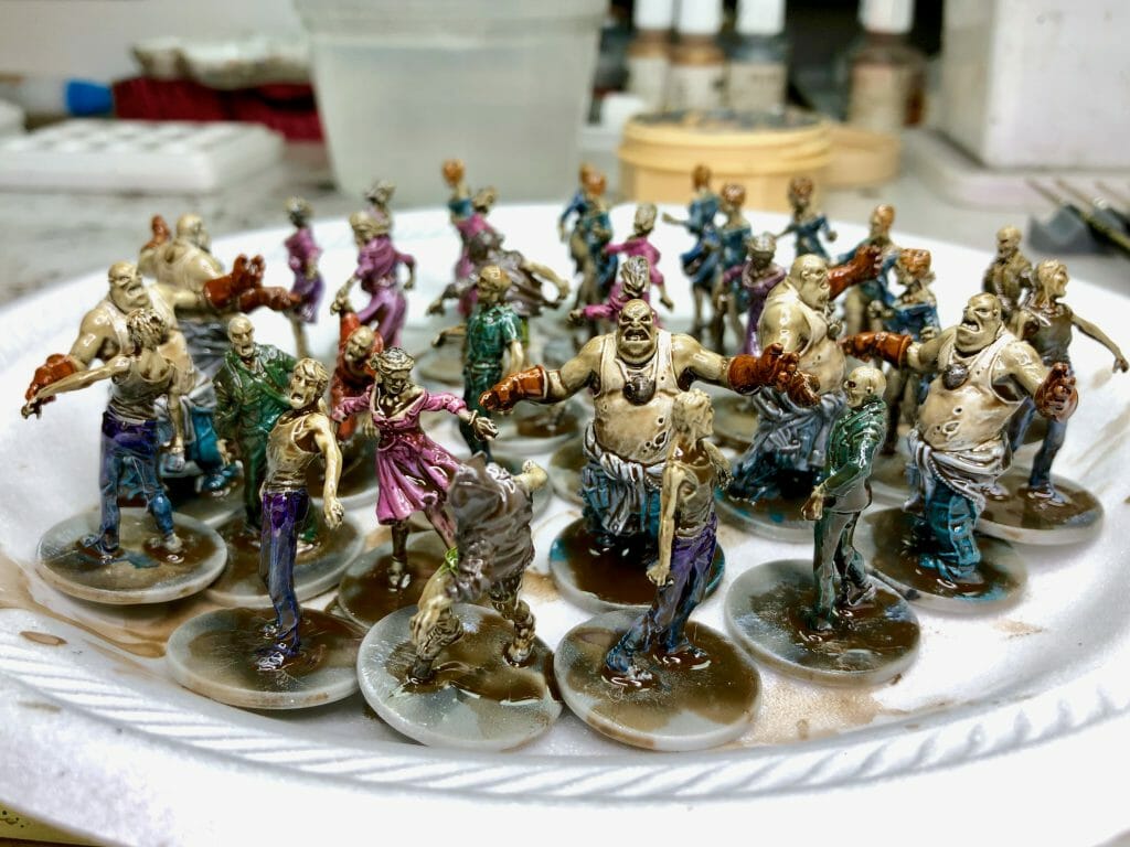  Tips to Painting Horde Armies (Tricks, Tools!) - board game zombie painted with dipping method using army painter quickshade