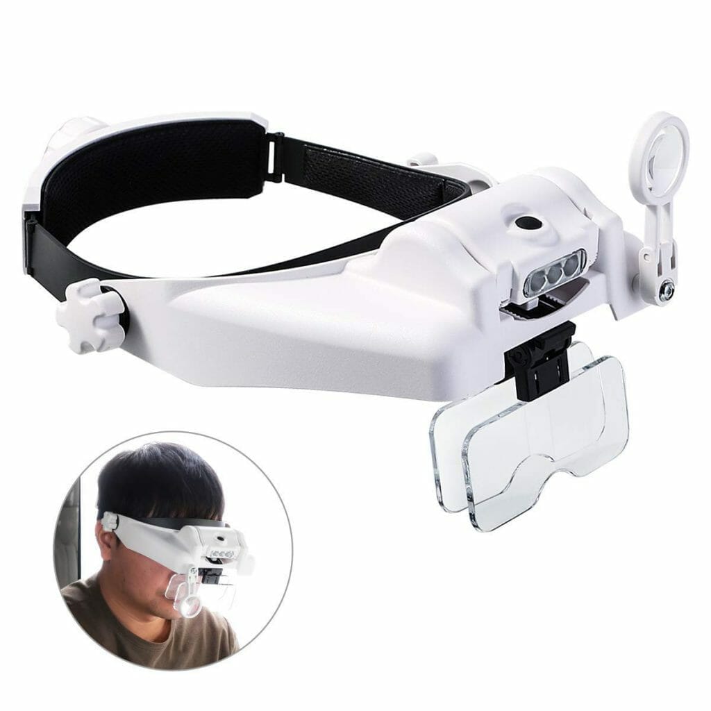 Magnifying visor or glasses with light for crafts and hobby - white colored headband style