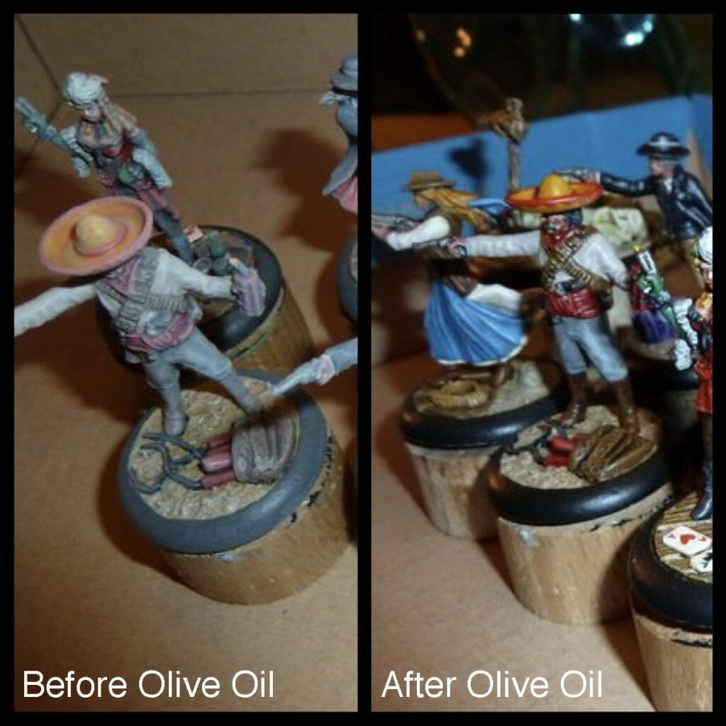How to fix foggy varnish on miniatures - solve frosting after varnishing - how to stop frosted varnish on miniatures and models - fix cloudy matte varnish on models - fixing foggy miniature varnish - before and after olive oil clearing