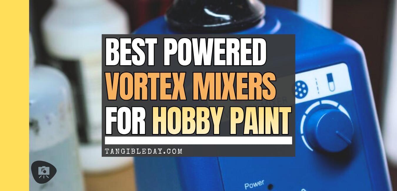 Powered vortex hobby paint mixer shown with miniature paint bottle and title text for best vortex mixers - banner