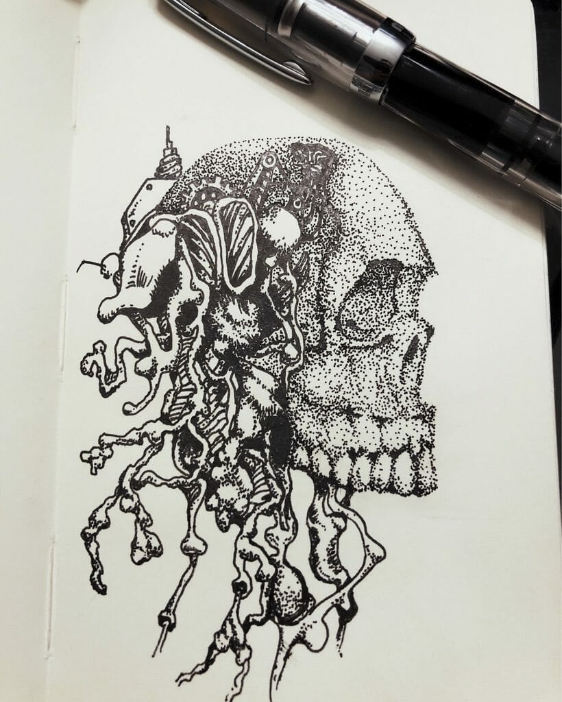 What is "Learned Helplessness"? Insights for Artists - a ink drawing stippling texture of a skull on a notebook 