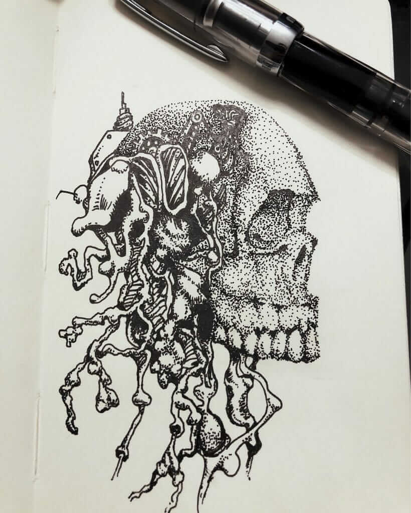 What is "Learned Helplessness"? Insights for Artists - a ink drawing stippling texture of a skull on a notebook