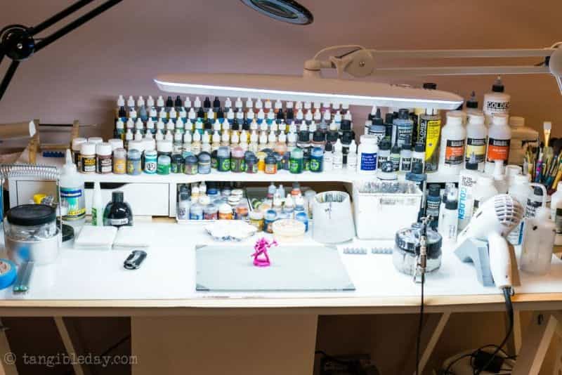 Best lamp for miniature painting - photo of my hobby desk with lights and lamps above