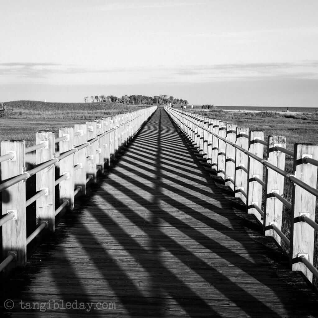 Redgrass games desk lamp review, redgrass games lamp review for painting miniatures, models, and art -B/W photo of the boardwalk near my home