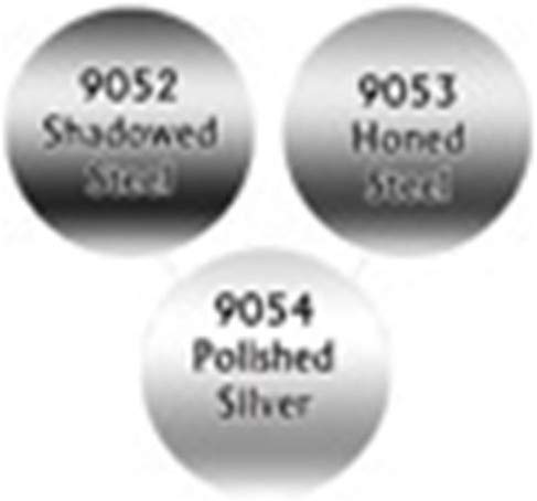 Reaper Silver Metallics Triad miniature painting set featuring three steel-tone acrylic metallic paints designed for shading, midtones, and highlights on models and tabletop miniatures.