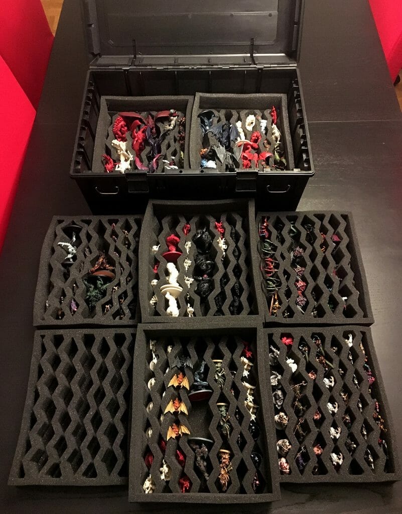 Best Budget Magnetic Miniature Carrying Case - wide view of the Citadel Crusade Case with filled up zig zag foam trays
