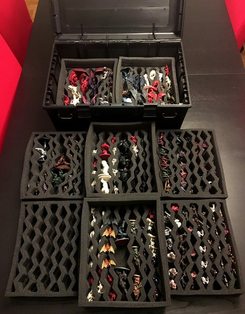 Best Budget Magnetic Miniature Carrying Case - wide view of the Citadel Crusade Case with filled up zig zag foam trays 