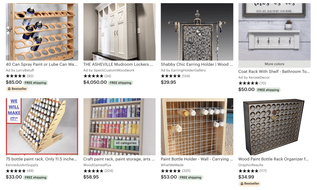 Various paint storage racks and organizers for hobby supplies on Etsy.