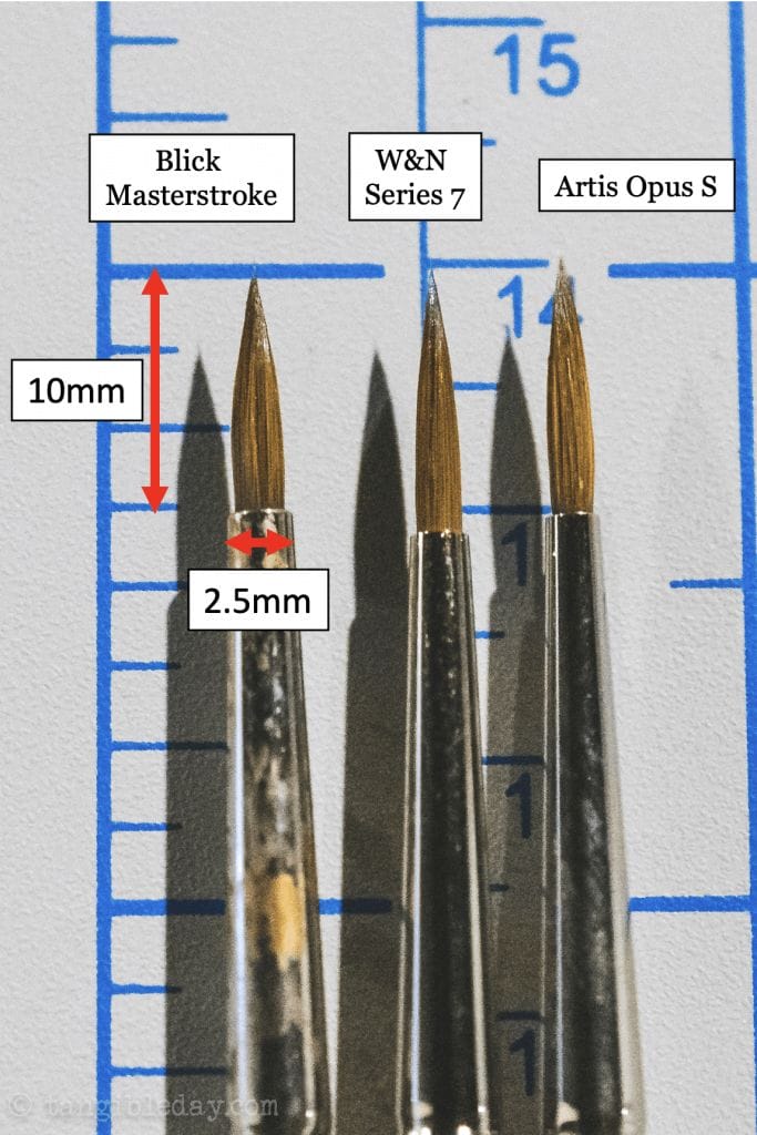 Comparison of three paint brushes: Blick Masterstroke, W&N Series 7, and Artis Opus S, showing bristle length and width against a measurement scale.