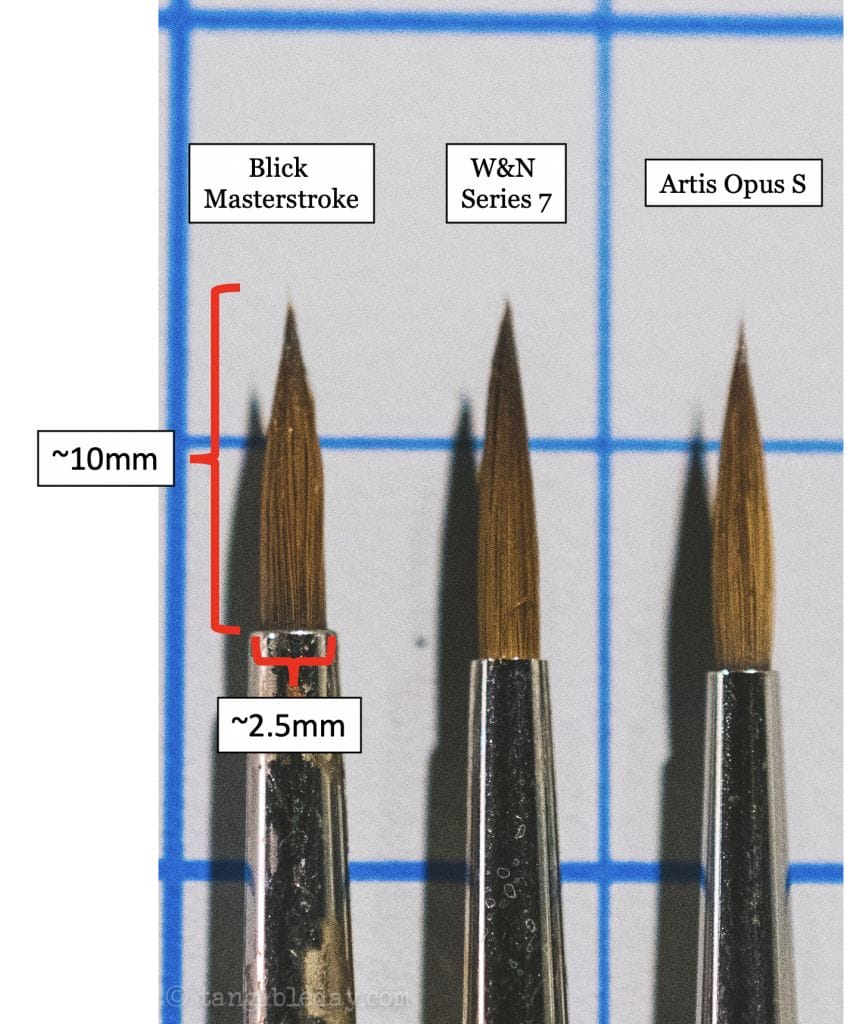 Best Alternative to Winsor & Newton Series 7 Brushes for Painting Miniatures - cheap sable kolinsky sable brushes for painting miniatures - good budget brushes for painting miniatures - w&n series 7 blick artis opus close up bristles labeled scaled