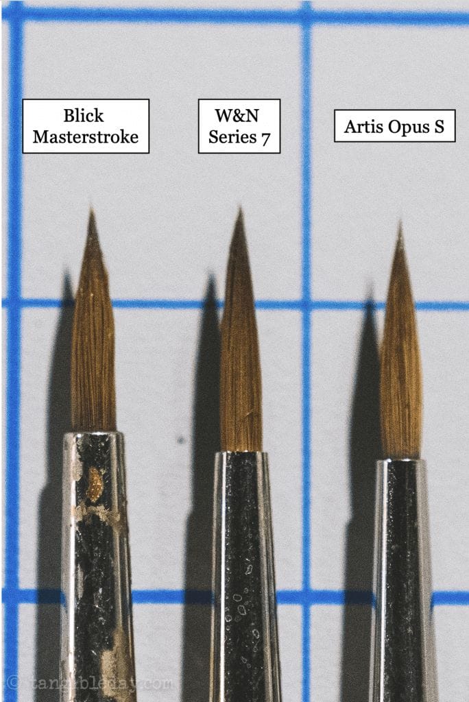 side by side comparison of the artis opus S paintbrush the Windsor & Newton series 7, and Blick Masterstroke, sable brush
