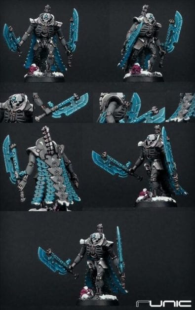 Necron Paint Schemes - 9 Color Motifs - how to paint Necrons - color schemes for Necrons, Necron Warriors, Sautekh or Zathanor Dynasty, and Necron dynasties - Indomitus Warhammer 40k Necron range color palette - 9 color schemes for Necron models and miniatures from Citadel Games Workshop - blue blades and cape
