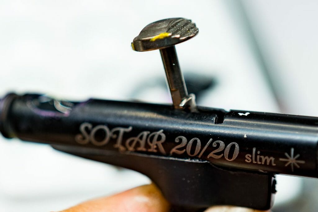 Sotar 2020 airbrush close up with trigger and filled with Vallejo primer