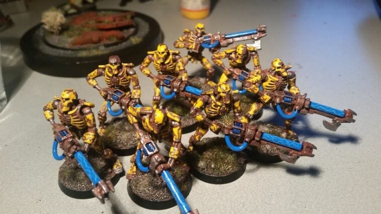 Necron Paint Schemes - 9 Color Motifs - how to paint Necrons - color schemes for Necrons, Necron Warriors, Sautekh or Zathanor Dynasty, and Necron dynasties - Indomitus Warhammer 40k Necron range color palette - 9 color schemes for Necron models and miniatures from Citadel Games Workshop - warriors yellow