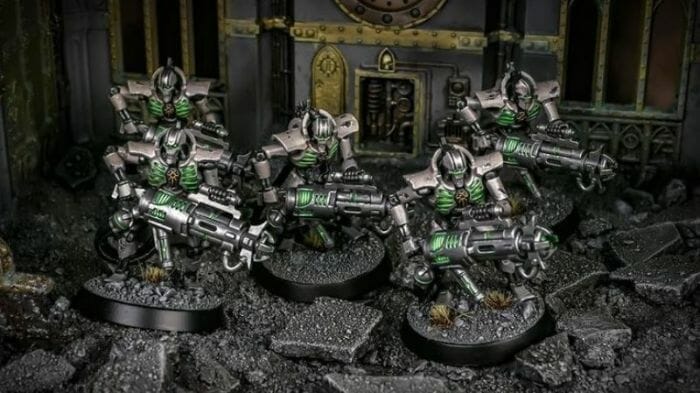 How to paint necrons simple easy fast - tutorial for painting necrons - necron paint schemes - necron color scheme - green dark grimdark color scheme - how do you all paint necrons how do you paint new necrons are necrons easy to paint - group photo