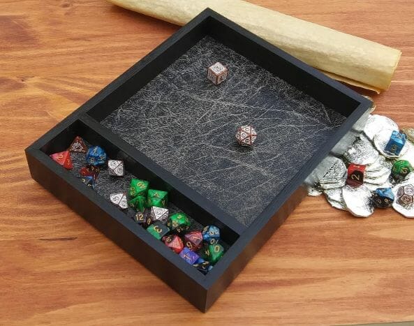 Ebony Oak Wood Blue Scale Faux Leather Handmade Wooden Dice Tray and Storage