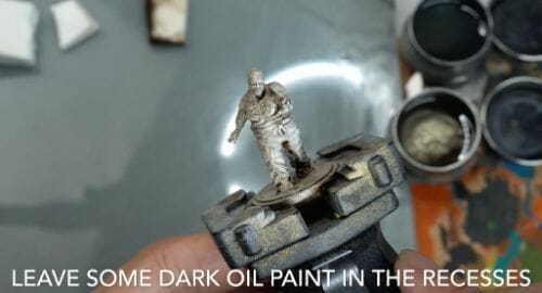 Painting a zombie RPG miniature with oil paints - painting RPG miniatures - oil painting miniatures - origin miniatures - how to paint rpg miniatures - how to paint dungeon and dragons miniatures - painting miniatures and models for role playing games - oil painting 28mm miniatures - resulting pre glaze conditioning phase complete