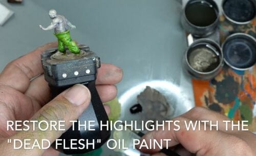 Painting a zombie RPG miniature with oil paints - painting RPG miniatures - oil painting miniatures - origin miniatures - how to paint rpg miniatures - how to paint dungeon and dragons miniatures - painting miniatures and models for role playing games - oil painting 28mm miniatures - restore highlights