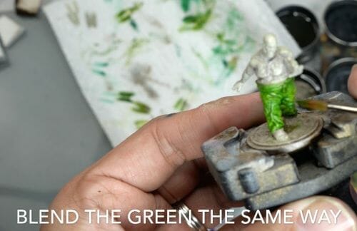 Painting a zombie RPG miniature with oil paints - painting RPG miniatures - oil painting miniatures - origin miniatures - how to paint rpg miniatures - how to paint dungeon and dragons miniatures - painting miniatures and models for role playing games - oil painting 28mm miniatures - blend your other colors, like the green