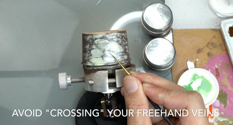 How to paint marble effects on miniatures – painting white marble – painting stone effect miniatures -how to paint marble on miniatures and models – airbrush stencil marble – marbleizing miniatures – airbrushing marble effect - avoid crisscrossing veining