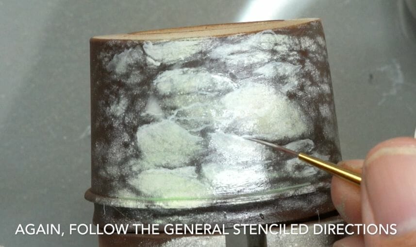 How to paint marble effects on miniatures – painting white marble – painting stone effect miniatures -how to paint marble on miniatures and models – airbrush stencil marble – marbleizing miniatures – airbrushing marble effect - keep the freehand following the same direction