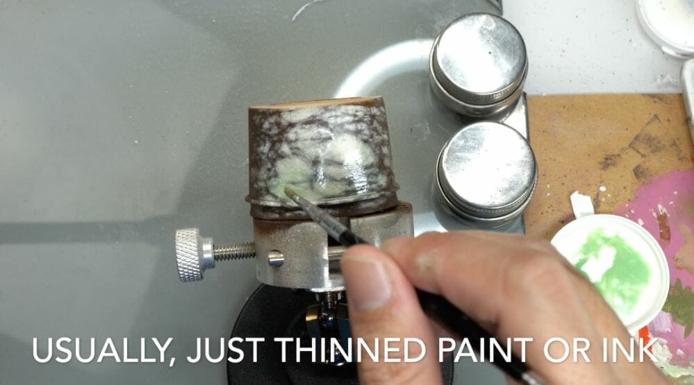 How to paint marble effects on miniatures – painting white marble – painting stone effect miniatures -how to paint marble on miniatures and models – airbrush stencil marble – marbleizing miniatures – airbrushing marble effect - apply glaze sparingly