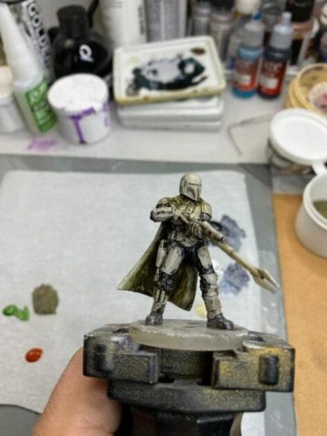 Oil Painting the Star Wars "Mandalorian" Alla Prima - how to paint a 3D printed resin model with oil paint - speed painting miniatures with oils - front dark blue cloth