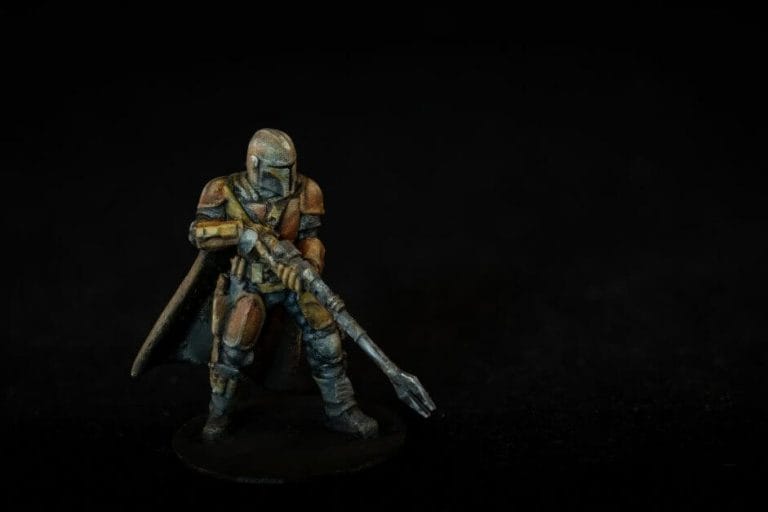 Oil Painting the Star Wars "Mandalorian" Alla Prima - how to paint a 3D printed resin model with oil paint - speed painting miniatures with oils - final studio photo of the complete alla prima painted miniature of the star wars mandalorian