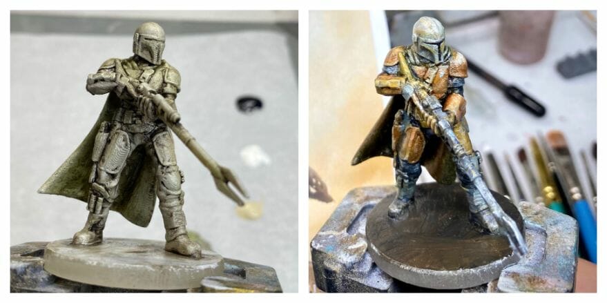 Oil Painting the Star Wars "Mandalorian" Alla Prima - how to paint a 3D printed resin model with oil paint - speed painting miniatures with oils - side by side 