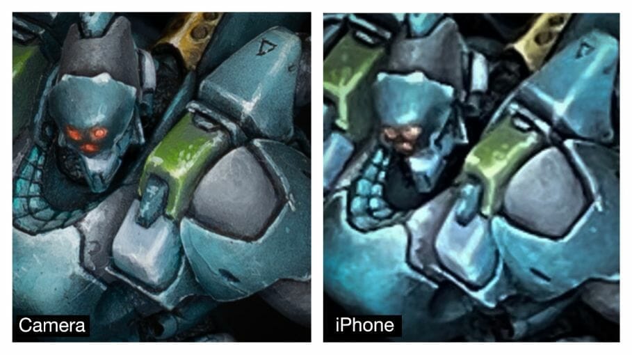 Smartphone versus dedicated camera photos of a painted mecha miniature showing resolution and detail