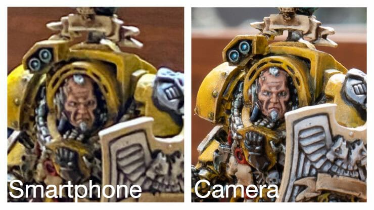 Smartphone Vs Camera for Miniature Photography - Best Camera for Miniature Photography: Smartphone vs Camera – how to take better pictures of miniatures and models – smartphone or camera for miniature photography – take better miniature photos with your smartphone – a comparison between smartphone and camera photos of models and miniatures – wargaming photography - cropped image between smartphone and camera with poor lighting conditions