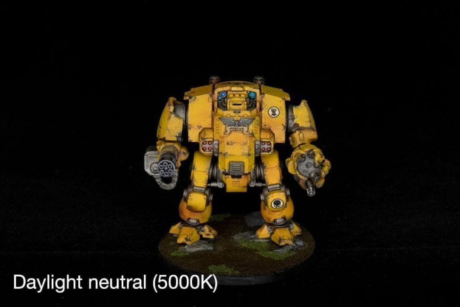 Best Miniature Painting Lamp for Professional Use (A Commission Painter's Review) - best pro miniature painting lamp - miniature painting lamp for professional use - daylight neutral lighting around 5000 kelvin of this Imperial fist warhammer dreadnought