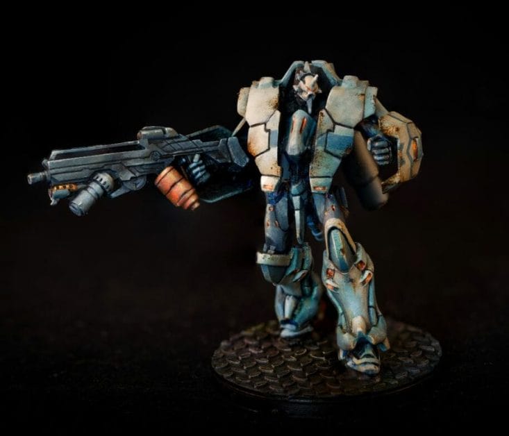 Oil Painting Tutorial for an Infinity Miniature (Step-by-Step) - Infinity miniature painting tutorial - how to paint infinity miniature TAG - painting a TAG model - panoceania miniature painting - infinity gradient paint technique - blending oil paint - Jotum miniature - studio photo