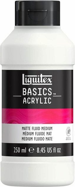 A bottle of matte fluid medium used to thin acrylic paints and increase transparency for miniature painting.