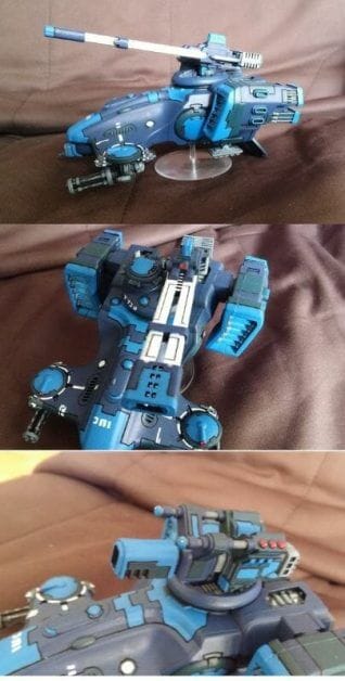 Tau sept color schemes, caste color schemes for Tau, T'au paint color scheme ideas – Grimdark Tau style, Blachitsu Tau painting, how to paint Tau miniatures, Games Workshop Tau paint schemes – How to paint grimdark Tau – painting Blanchitsu Tau - hover tank blue dark and navy