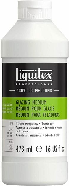 A bottle of acrylic glazing medium used for thinning miniature paints and creating transparent layers.