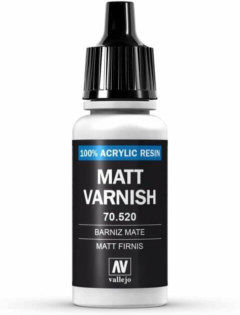 A bottle of matte acrylic varnish used to thin miniature paints and adjust the final finish.