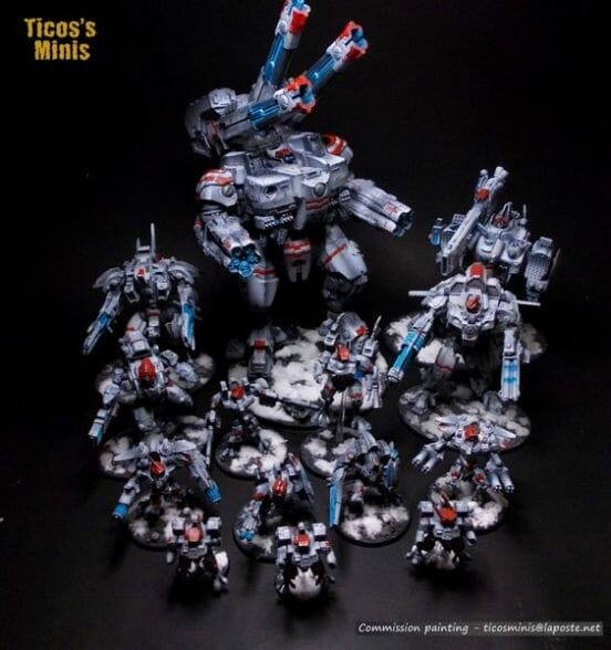 Tau sept color schemes, caste color schemes for Tau, T'au paint color scheme ideas – Grimdark Tau style, Blachitsu Tau painting, how to paint Tau miniatures, Games Workshop Tau paint schemes – How to paint grimdark Tau – painting Blanchitsu Tau - white main color theme