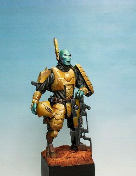 Tau sept color schemes, caste color schemes for Tau, T'au paint color scheme ideas – Grimdark Tau style, Blachitsu Tau painting, how to paint Tau miniatures, Games Workshop Tau paint schemes – How to paint grimdark Tau – painting Blanchitsu Tau - statue bust teal blue tau