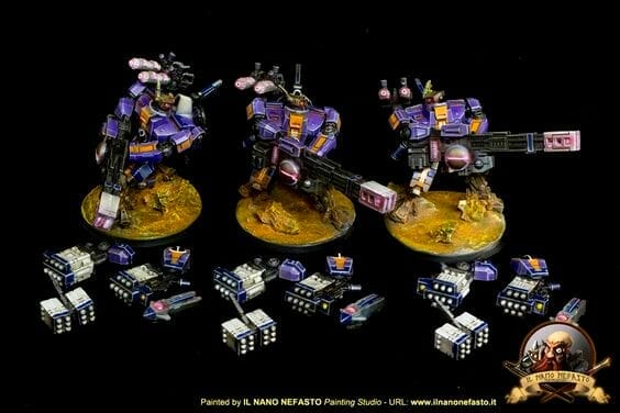 Tau sept color schemes, caste color schemes for Tau, T'au paint color scheme ideas – Grimdark Tau style, Blachitsu Tau painting, how to paint Tau miniatures, Games Workshop Tau paint schemes – How to paint grimdark Tau – painting Blanchitsu Tau - purple tau magnetized