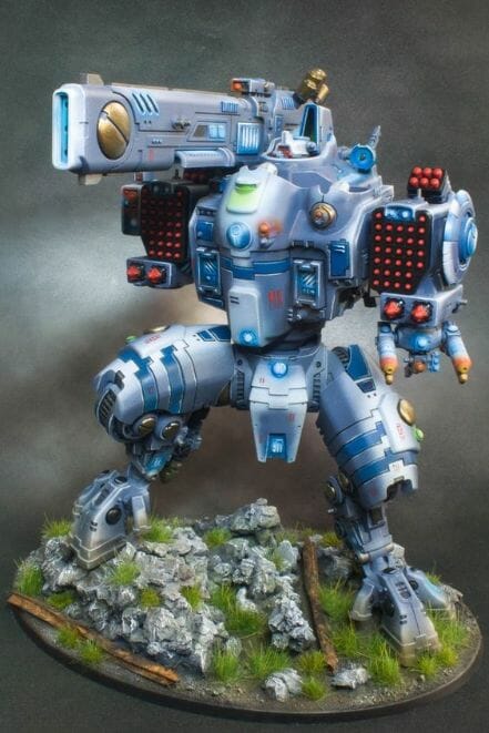 Tau sept color schemes, caste color schemes for Tau, T'au paint color scheme ideas – Grimdark Tau style, Blachitsu Tau painting, how to paint Tau miniatures, Games Workshop Tau paint schemes – How to paint grimdark Tau – painting Blanchitsu Tau - blue tint and shade with white