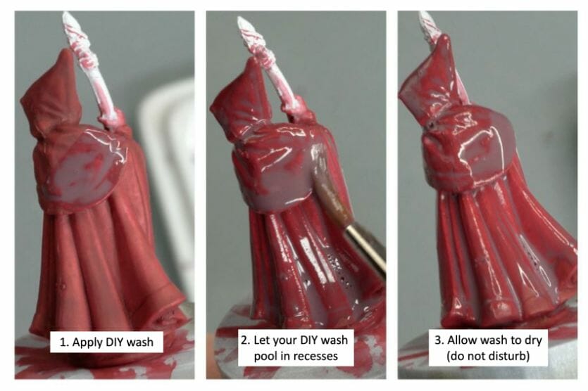 Miniature Paint Brush Care Tutorial - how to care for brushes for miniature painting - The step by step application of a DIY wash to the red cloak of a Reaper mage miniature
