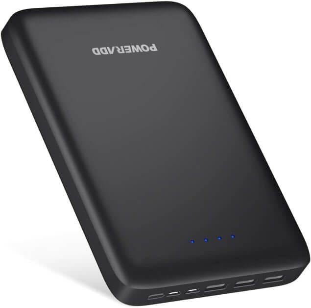 A portable battery power bank black colored housing example