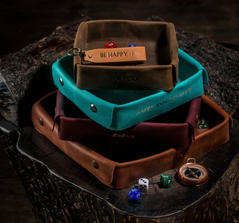 Custom Dice Trays for RPGS - custom dice tray for dnd - dungeons and dragons - custom dice rolling tray - customized dice trays - personalized custom dice trays for tabletop games and board gamers - valet leather tray