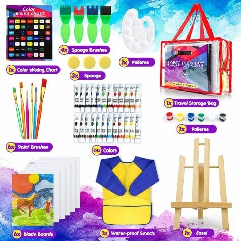 48 Pieces Art Painting Supplies for Toddlers and Kids with 12 Paint  Brushes, 10 Painting Canvas, 2 Tabletop Easels, 2 Art Smocks, 18 Acrylic  Painting