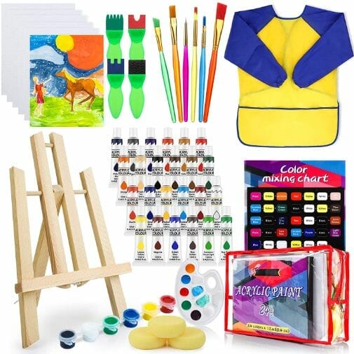 Joyin 48 Pieces Art Painting Supplies for Toddlers and Kids with 12 Paint Brushes, 10 Painting Canvas, 2 Tabletop Easels, 2 Art Smocks, 18 Acrylic