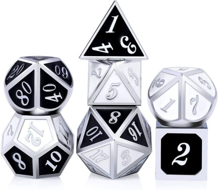 Black and White with Gold Number DND Dice Set,Heavy Metal Dice with Free Black Velvet Pouch for Dungeons and Dragons,Roll Playing Game Table Games 